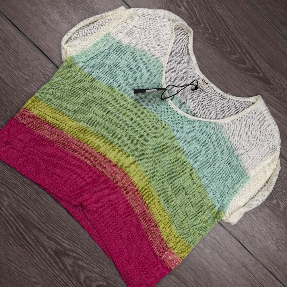 UNIQ Womens Knit Top Short Sleeve Striped Multi Color M/L New